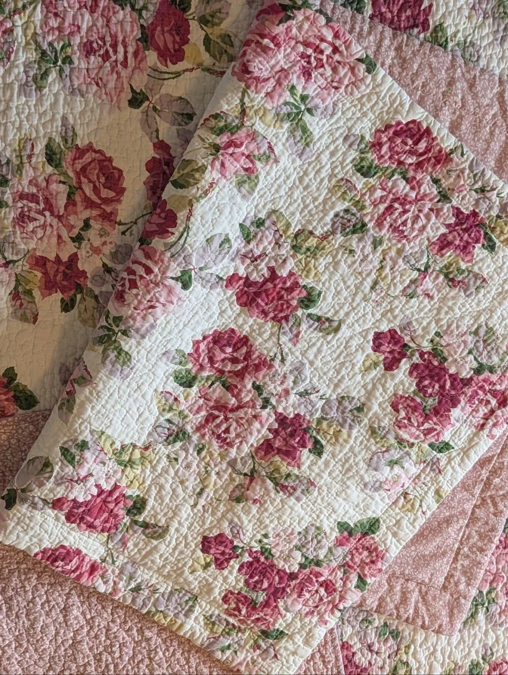 Laura Ashley Pink Rose Floral Cotton Quilt Bedspread Set 3 Pcs Shams KING Lidia